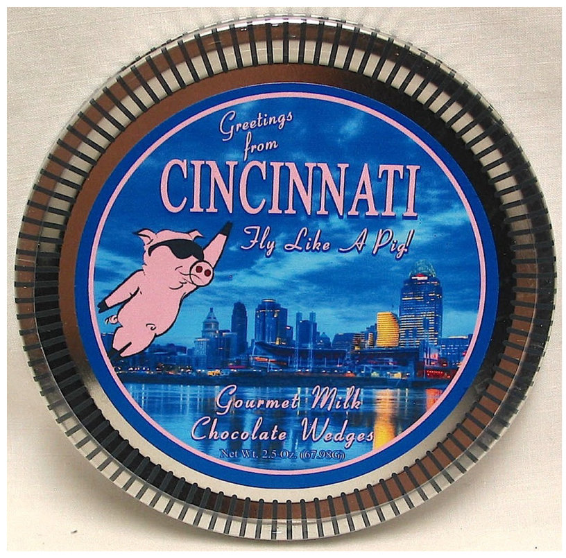 Cincinnati 4.5" Round Silver Medallion Tin with Gourmet Milk Chocolate Wedges  Net Wt 2.4 Ozs