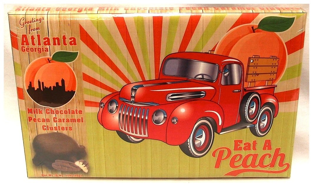 Atlanta Peach 9.5" x 6" Box Filled with Pecan Caramel Cluster Net Wt 5 Oz