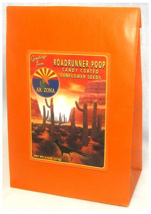 Arizona Desert Orange Paper Bag of Roadrunner Poop Candy Coated Sunflower Seeds