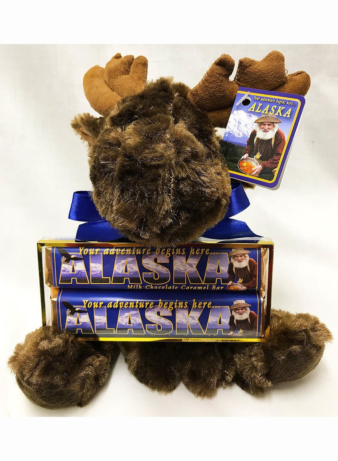 Alaska Large Plush Moose with 2 Pack Candy Bars, Ribbon, & Card Tag