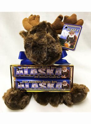Alaska Large Plush Moose with 2 Pack Candy Bars, Ribbon, & Card Tag
