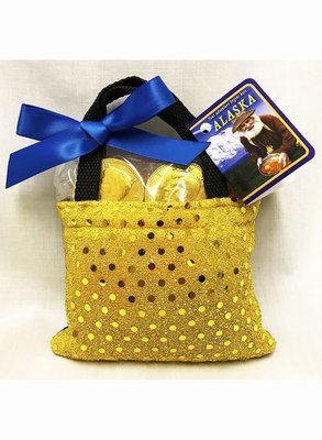 Alaska Gold Sequin Bag w/ US Coin, Hard Fruit Candy, Ribbon & Card Tag