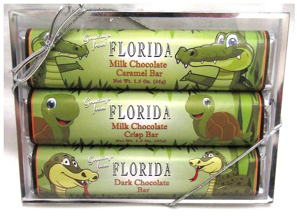 Florida Alligator, Turtle, Snake 3 Pack Candy Bars - Milk Chocolate Caramel, Crisp & Dark
