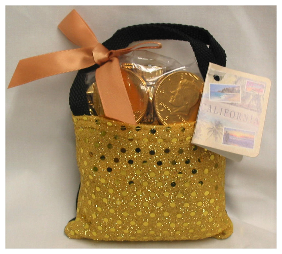 Cali Beach Gold Sequin Bag w Gourmet Chocolate Coins & Hard Fruit Candy