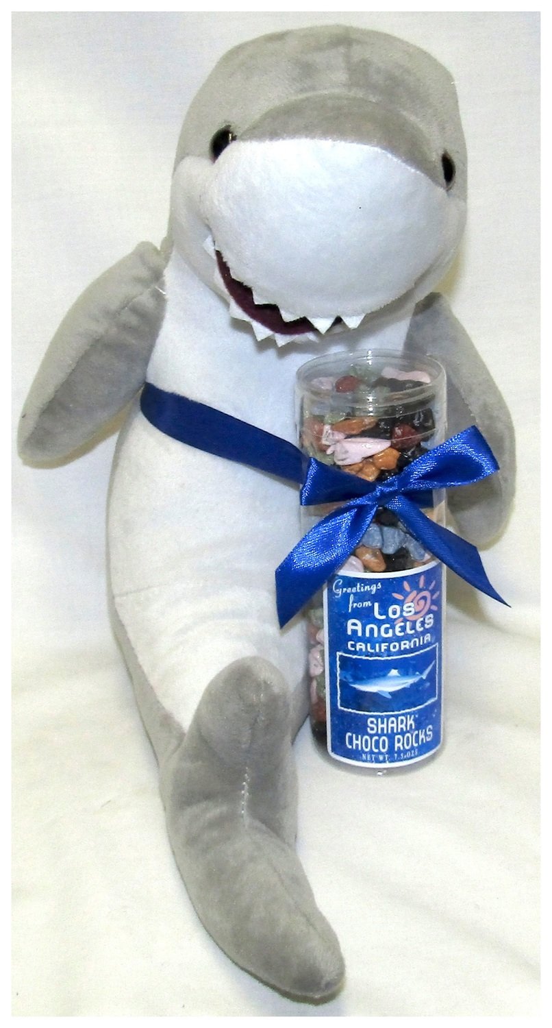 LAX 10" Plush Sitting Shark With Tube Of Chocolate Rocks Net Wt 7.5Oz