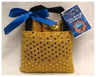 Long Beach Gold Sequin Bag w Milk Chocolate Coins & Milk Chocolate Truffles, Hard Candies