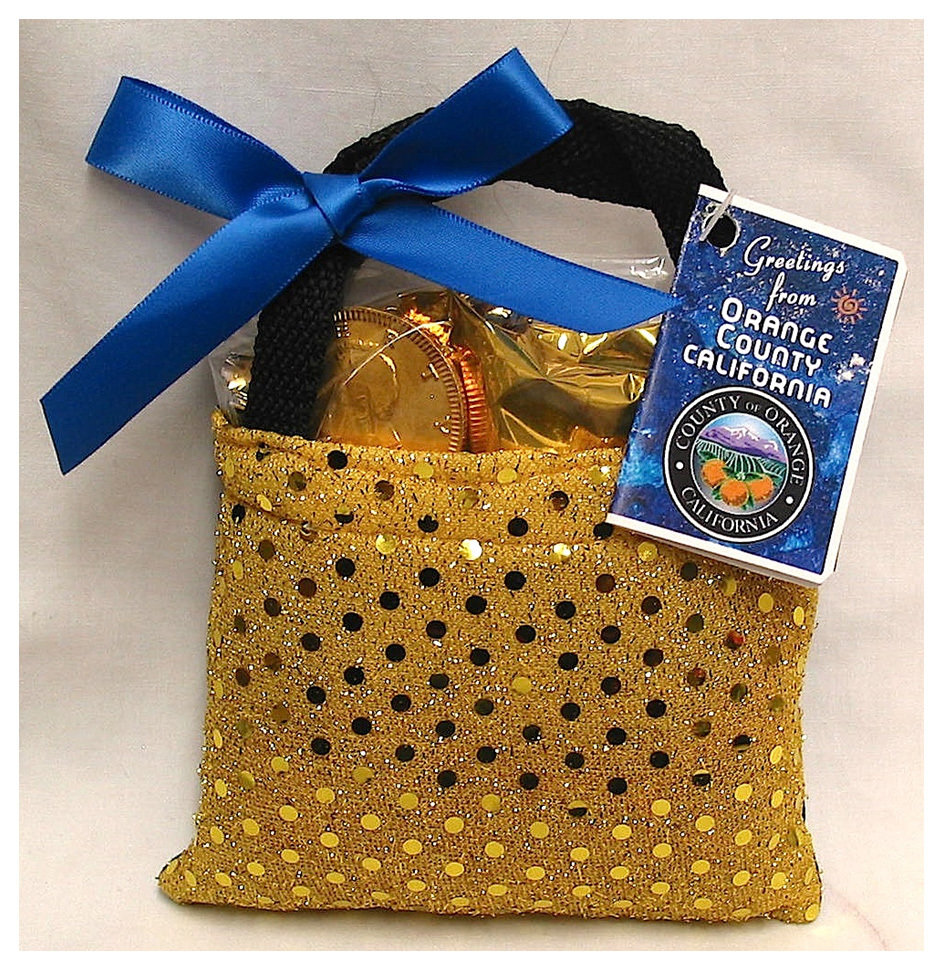 Orange County Gold Sequin Bag w Milk Chocolate Coin & Mint Milk Chocolate Truffles, Hard Candies