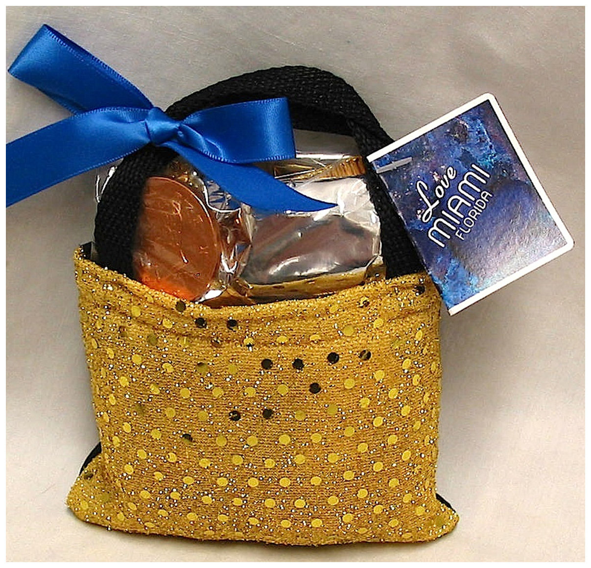 Miami Gold Sequin Bag w/ Milk Chocolate Coin &  Mint Milk chocolate Truffle, Hard Candies