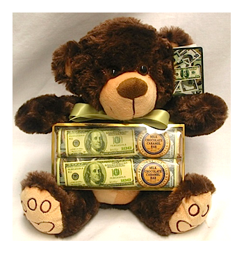 USA Money 8" Plush Bear with 2 Pack Candy Bars, Ribbon & Card Tag
