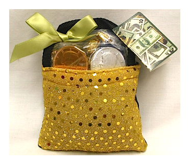 USA Money Gold Sequin Bad with Chocolate Coins And Hard Candies, Ribbon And Card Tag