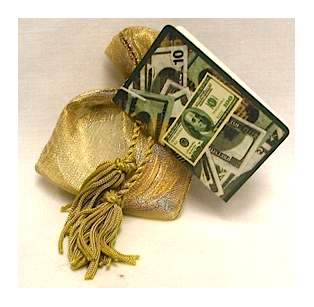 USA money gold elegant bag with chocolate coins, ribbon and card tag