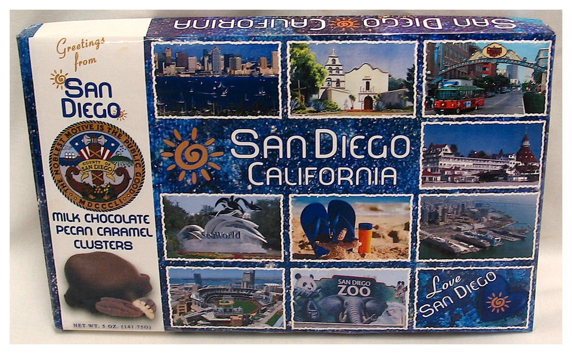 SAN DIEGO BLUE Milk chocolate pecan caramel clusters NET WT 5OZ