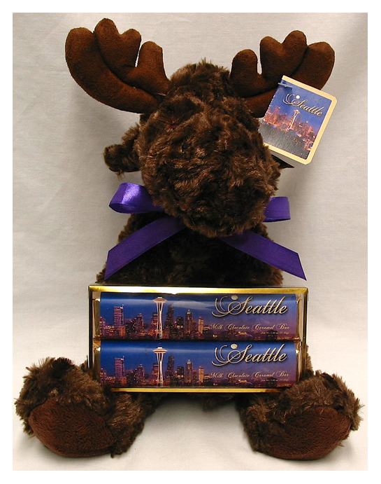Seattle Plush Moose with 2 Pack Candy Bars, Card Tag & Ribbon
