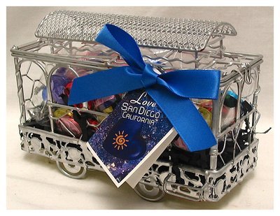 SAN DIEGO BLUE wire cable car with small gourmet milk chocolate coins (125 pieces) NET WT 8OZ