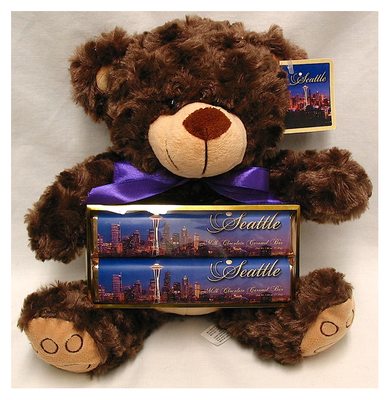 Seattle Plush Brown Bear with 2 Pack Candy Bars, Card Tag & Ribbon