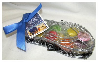 SAN DIEGO BLUE wire flip flop with fruit hard candy, card tag and bow NET WT 3OZ