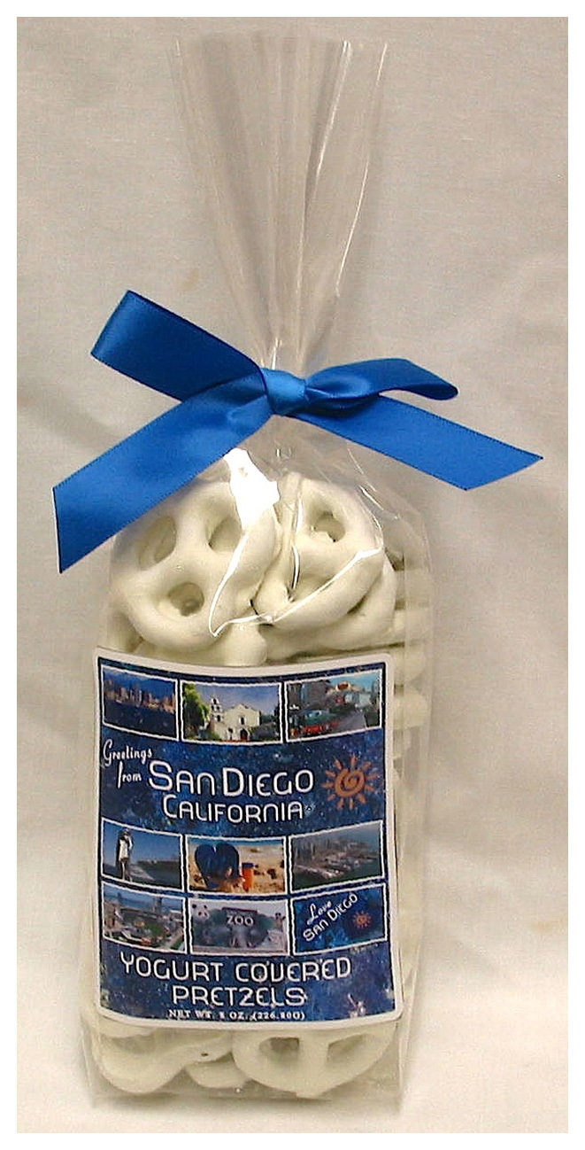 SAN DIEGO BLUE yogurt covered pretzels NET WT 8OZ