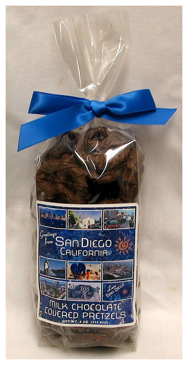 SAN DIEGO BLUE milk chocolate covered pretzels NET WT 8OZ