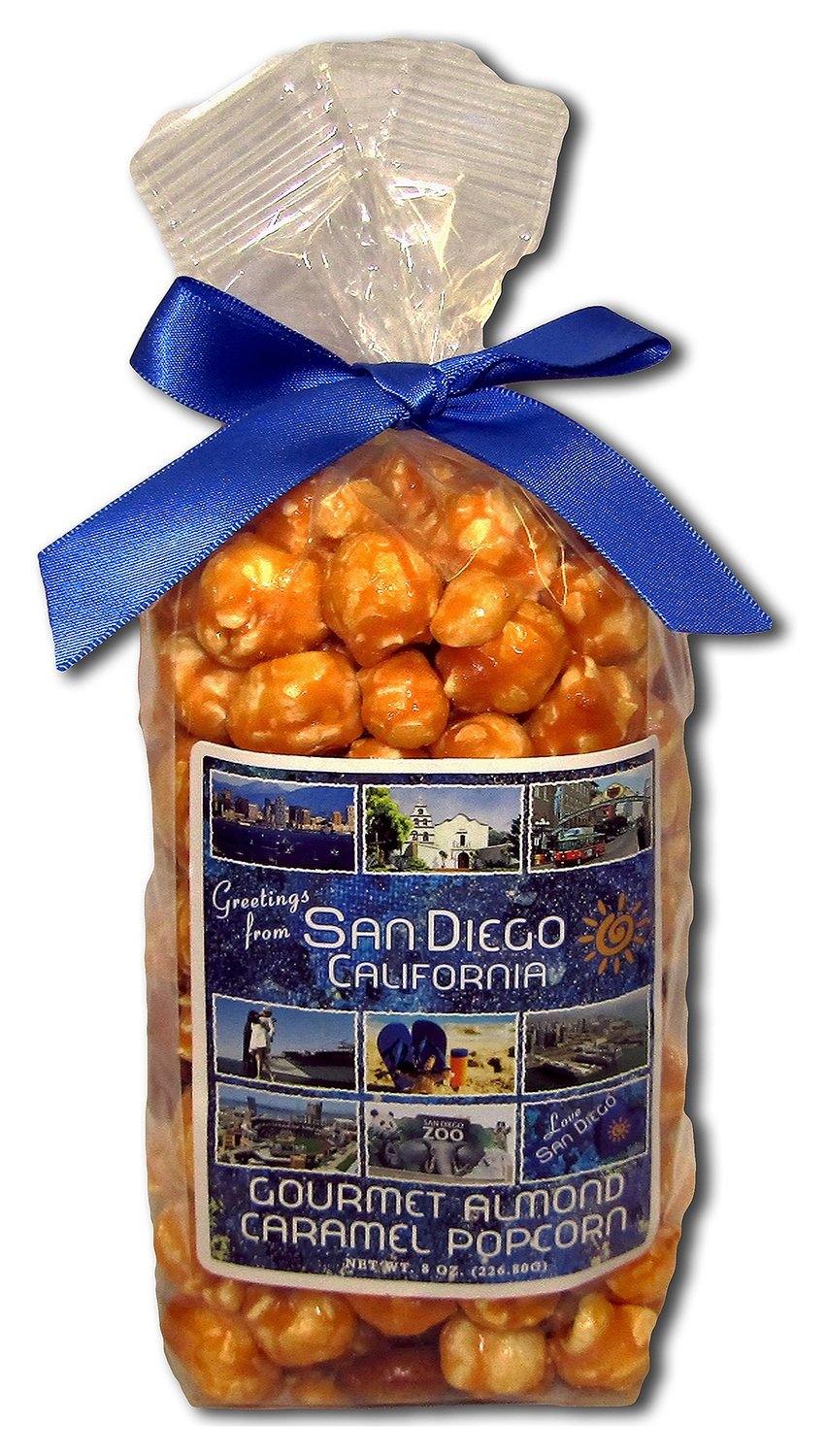 SAN DIEGO BLUE gourmet almond caramel popcorn NET WT 8OZ