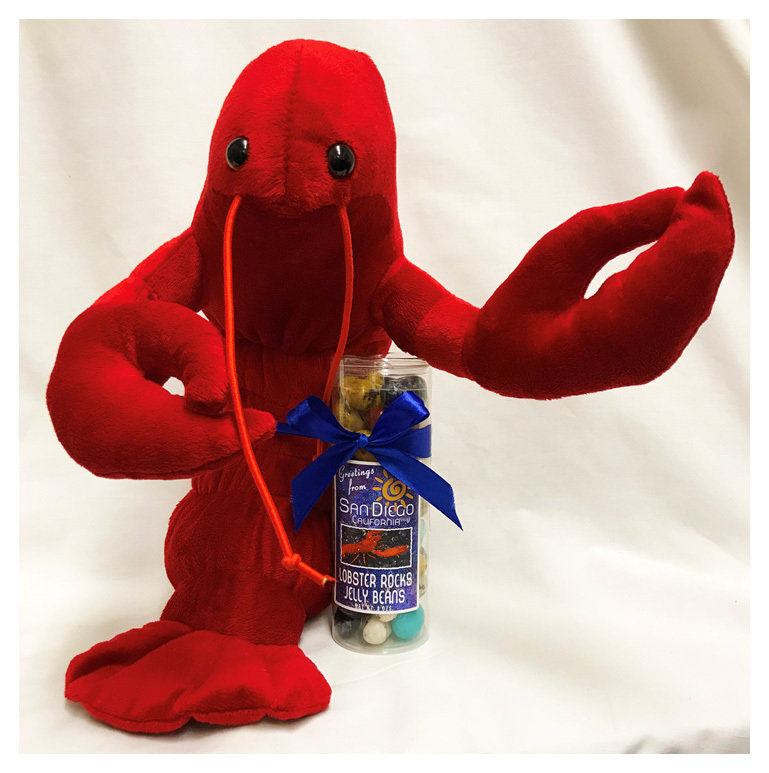 San Diego Blue 10" Plush Sitting Lobster w Tube of Rock Jelly Beans Net Wt 8Oz