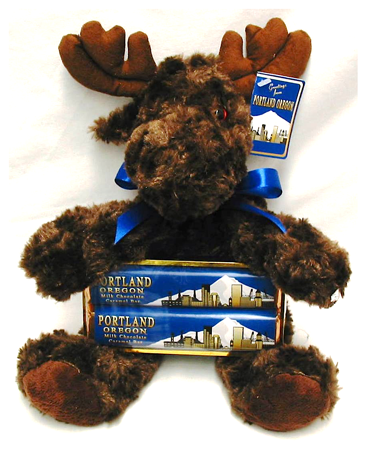 Portland Plush Moose with 2 Pack Candy Bars, Ribbon, & Card Tag