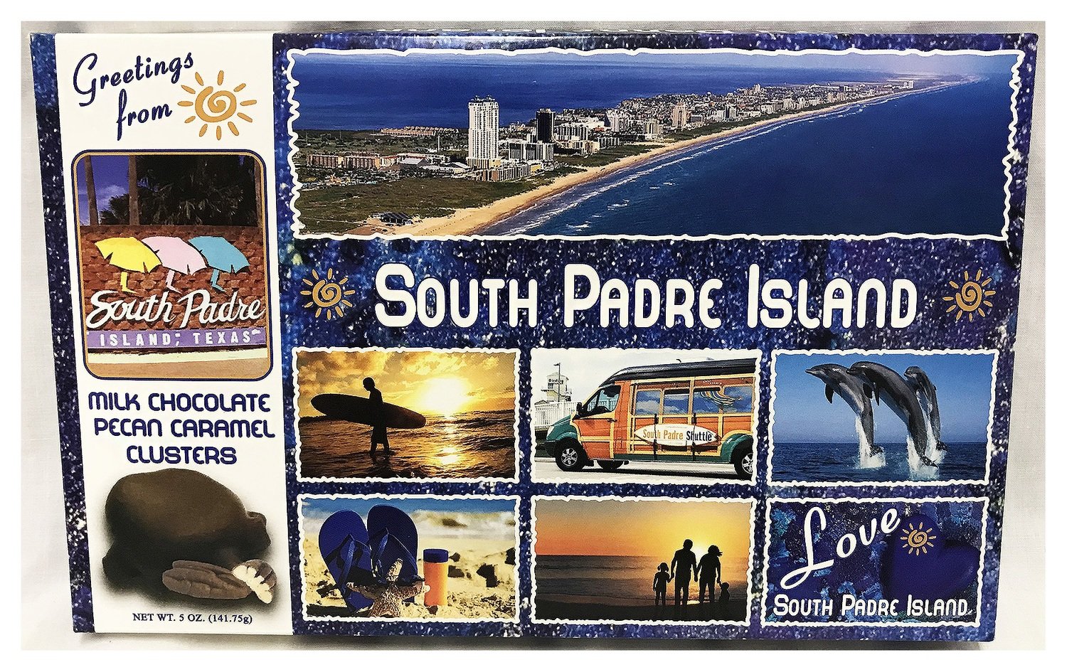 South Padre Island 9" Length x 4 1/2" Wide Box Filled with Milk Chocolate Pecan Caramel Clusters