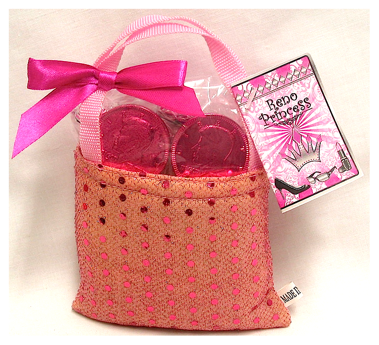 RENO PRINCESS PINK SEQUIN BAG W MILK CHOCOLATE COINS AND HARD CANDIES NET WT 3OZ