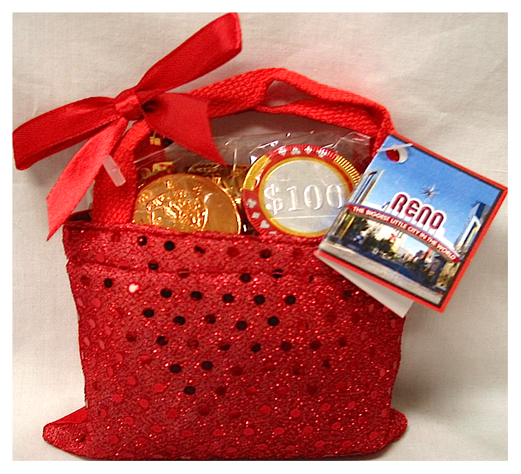 RENO RED SEQUIN BAG W HARD CANDY AND CHOCOLATE POKER CHIPS NET WT OZ