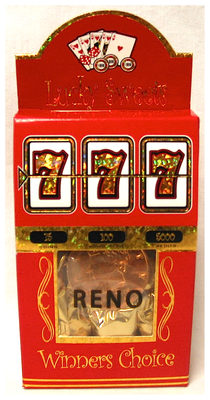 RENO RED SLOT BOX W HARD CANDIES AND CHOCOLATE COINS NET WT 1.6OZ
