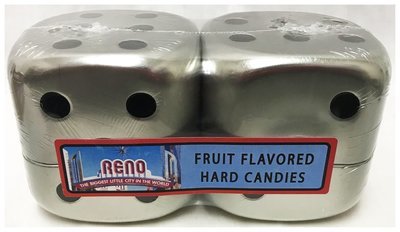 RENO SILVER DICE TINS W HARD FRUIT CANDY NET WT 3OZ