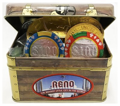 RENO TREASURE CHEST W CHOCOLATE CHIPS AND HARD FRUIT CANDIES NET WT 4OZ