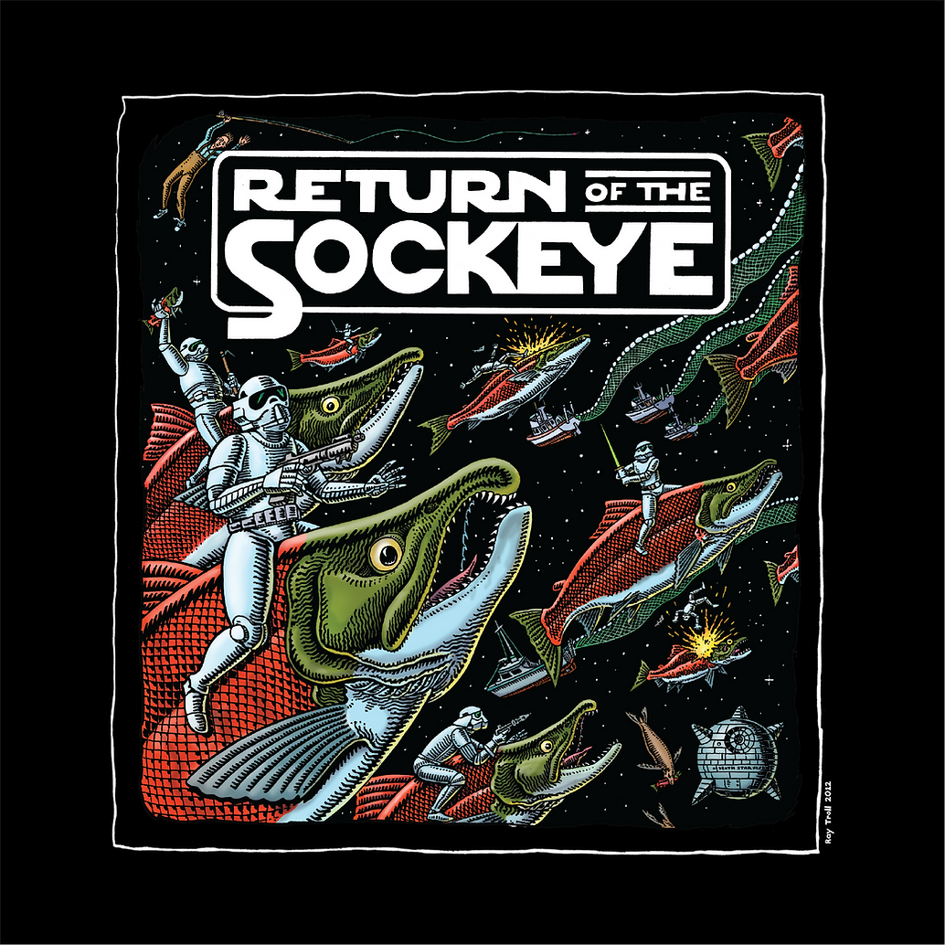 "Return of the Sockeye" Graphic Art Hoodie by Ray Troll, Size: Small