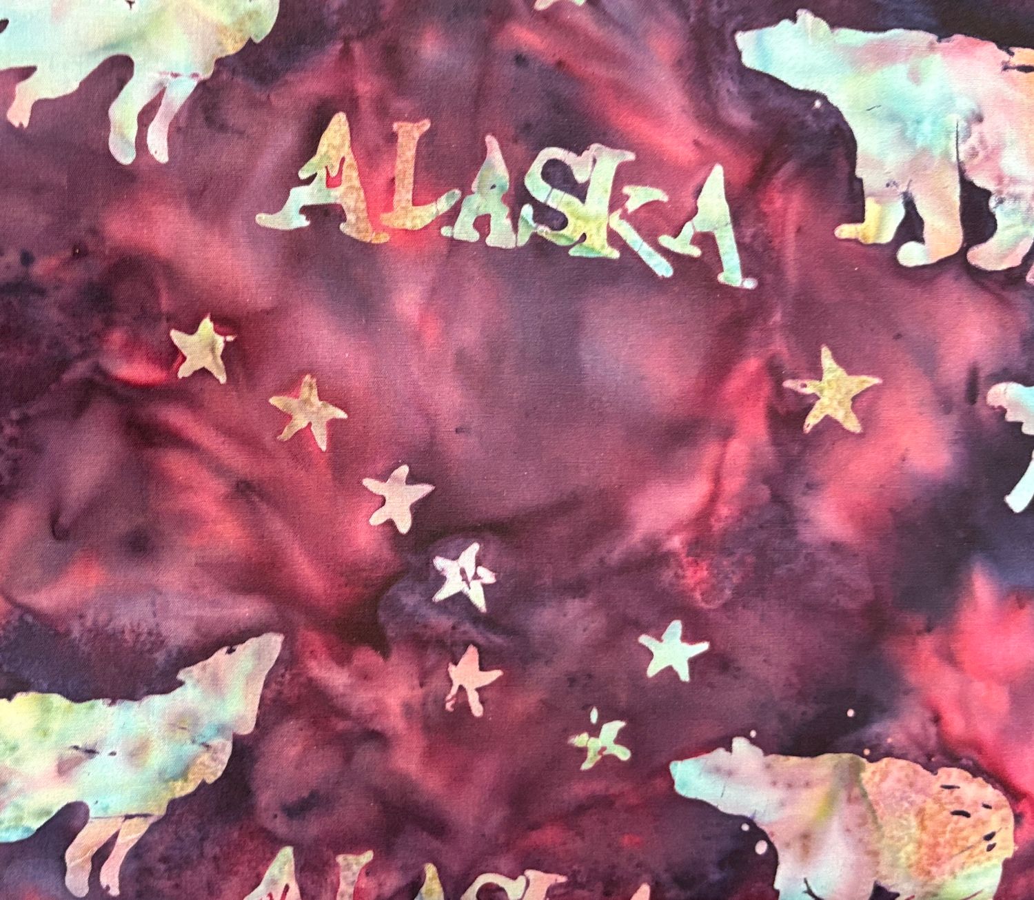 Batik Alaska Flag, Stars & Wildlife Batik Alaska Flag, Stars & Wildlife, Color: Iris, Precut Size: Yard