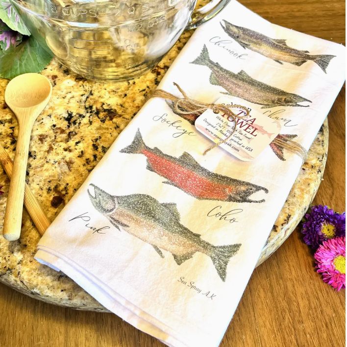 Sea Spray Cotton Tea Towel, Design: Salmon