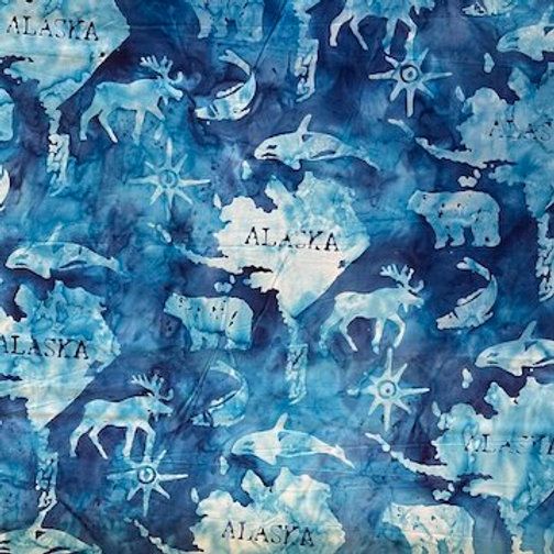 Batik Alaska Map & Wildlife Batik Alaska Map & Wildlife, Color: Bluebird, Precut Size: Yard