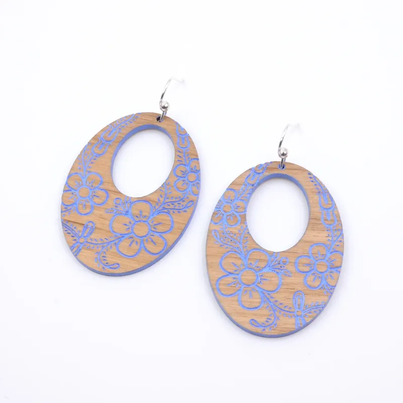 Athabaskan Style Handpainted Floral Oval Earrings of Alder Wood
