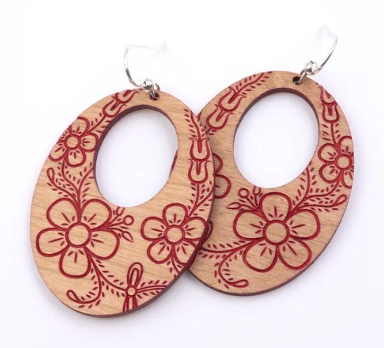 Athabaskan Style Handpainted Floral Oval Earrings of Alder Wood, Color: Red