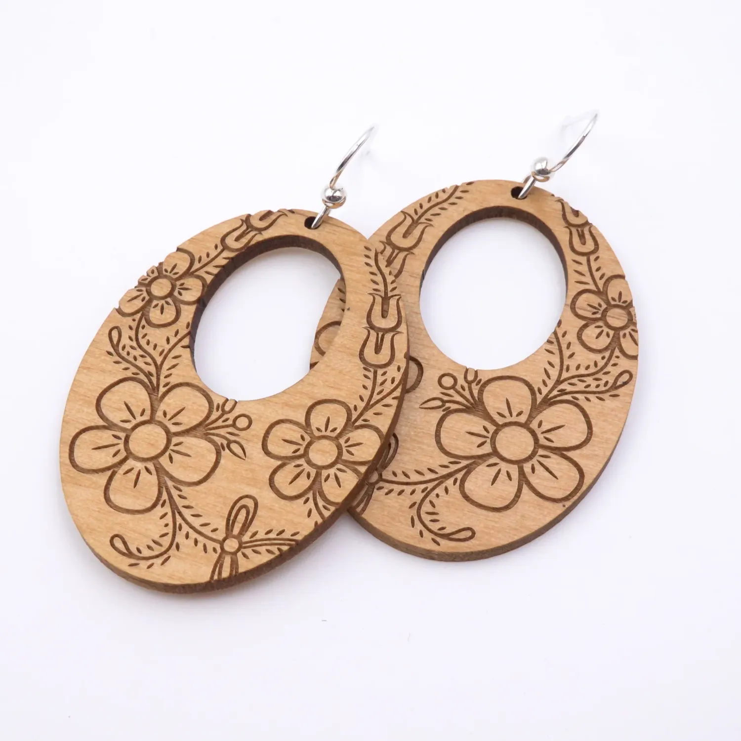 Athabaskan Style Floral Alder Wood Oval Earrings