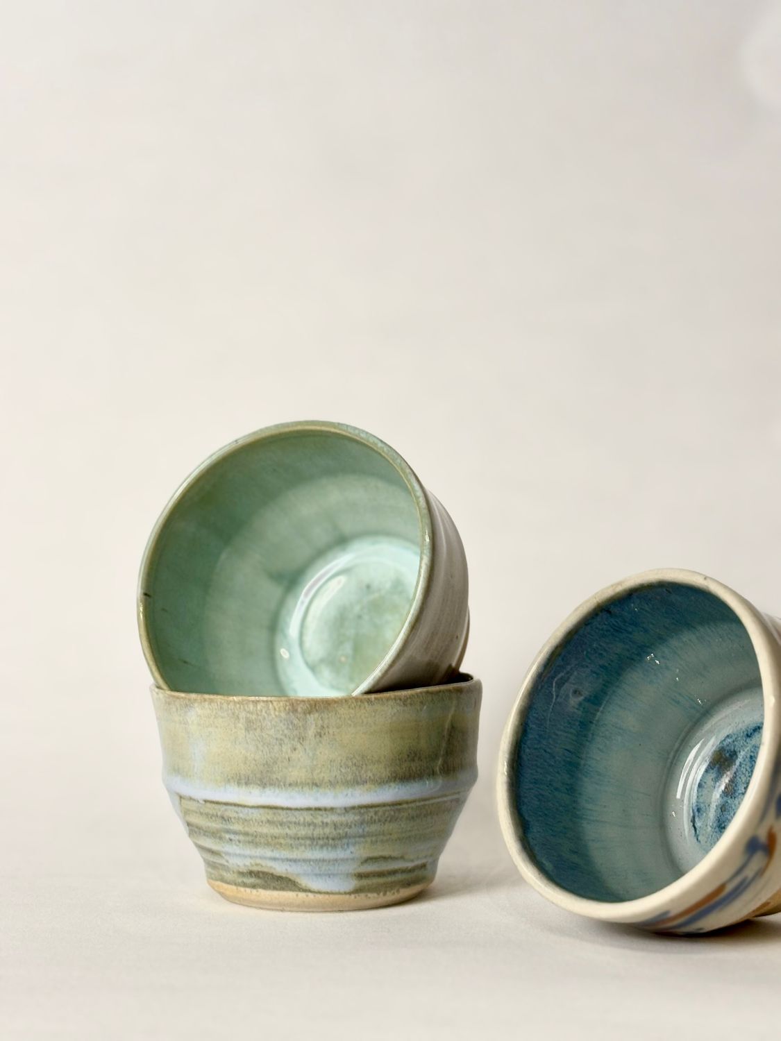 Flat white cup - Honey Flux glaze, with Soft aqua glaze inside