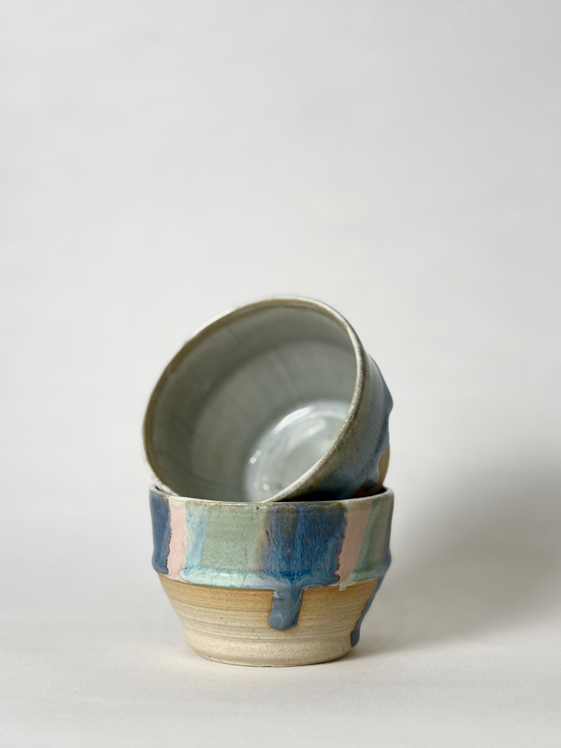 Flat white cup - Soft blue glaze, with cloudburst glaze inside