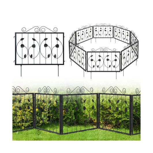 Decorative Garden Fence with 8 Panels Animal Barrier-Black