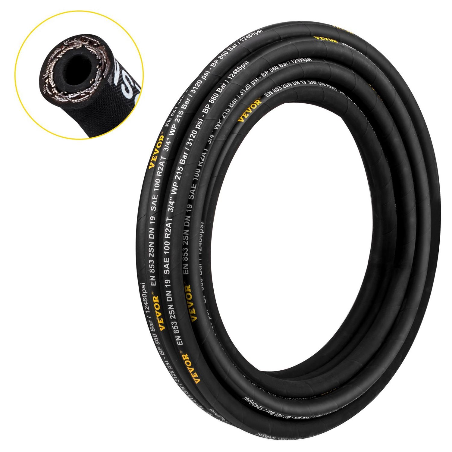 Hydraulic Hose 3/4 inch x 50 ft, Coiled Hydraulic Hose 3120 PSI, Rubber Hydraulic Hose with 2 High-Tensile Steel Wire Braid, Bulk Hydraulic Hose -20?&amp;bdquo;? to 140?&amp;bdquo;?, Hydraulic Oil Flexible H