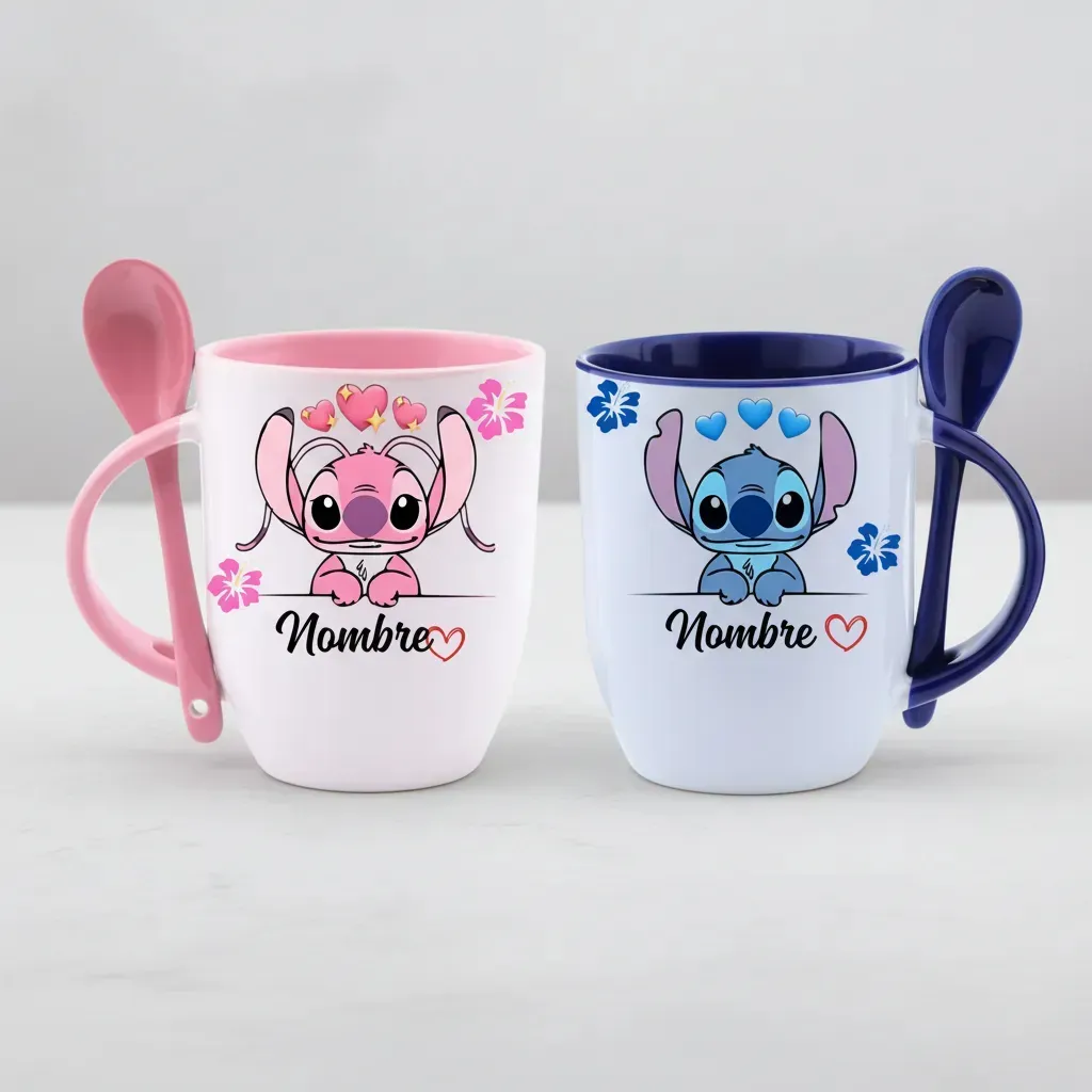 Pack X2 Taza Con Cuchara Stich Y Angela Pareja Regalo Amor