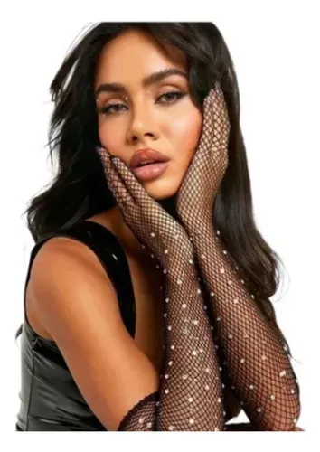 Guantes De Red Con Brillos Strass Largos, Mitones Sexy Par