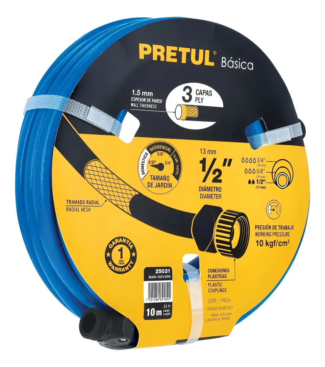 Manguera Jardin Riego 10mt 1/2 Pretul 3 Capas C/acoples Azul