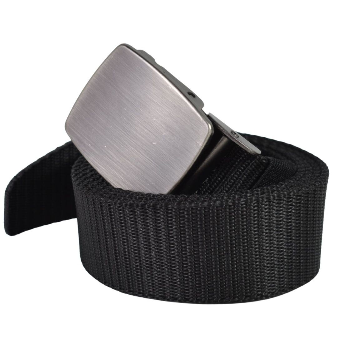 Cinto negro de lona con hebilla trinquete 115cm.