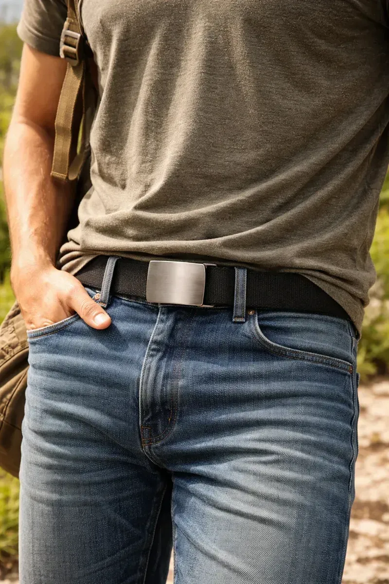 Cinto negro de lona con hebilla trinquete 115cm.