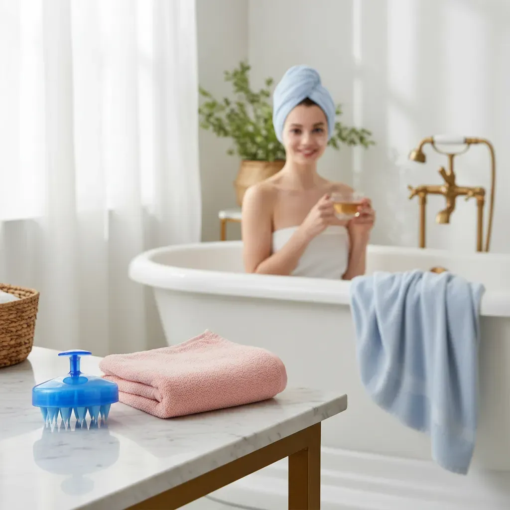 set de toalla  turbante microfibra  + cepillo masajeador exfoliante