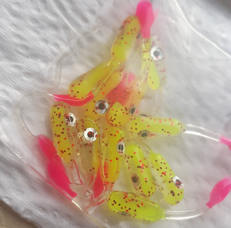1.5&quot; Crappie killer Jr trio chartruse yellow, clear &amp; hot pink 12 per pack