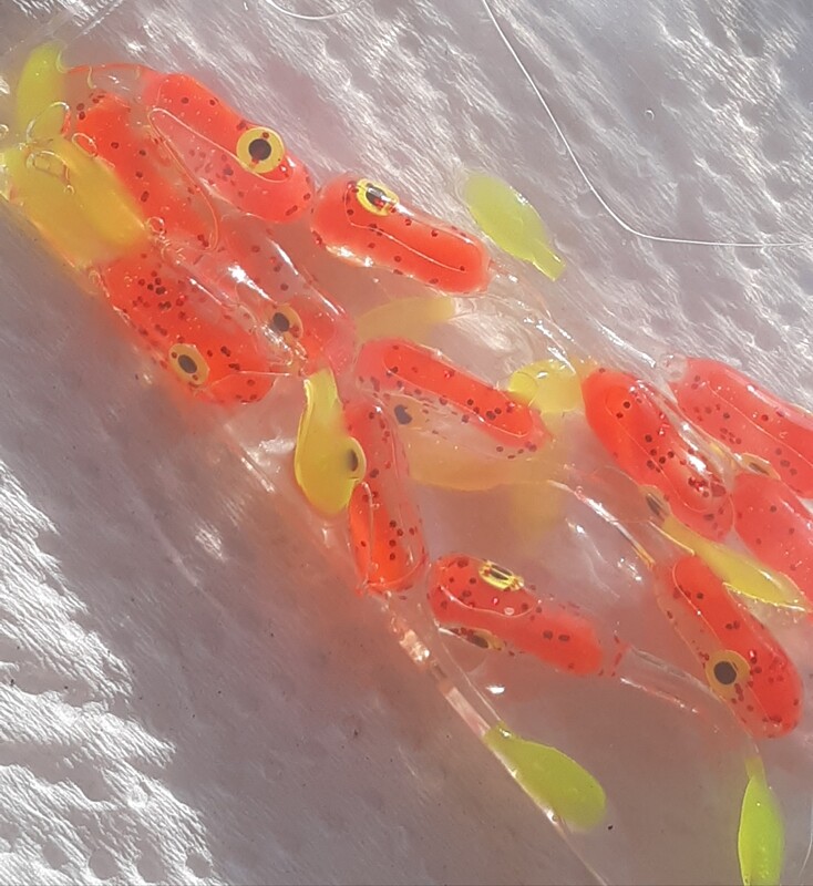 1.5&quot; Crappie killer Jr trio sizzlin orange, clear, &amp; Chartreuse yellow red flake dipped 12 per pack
